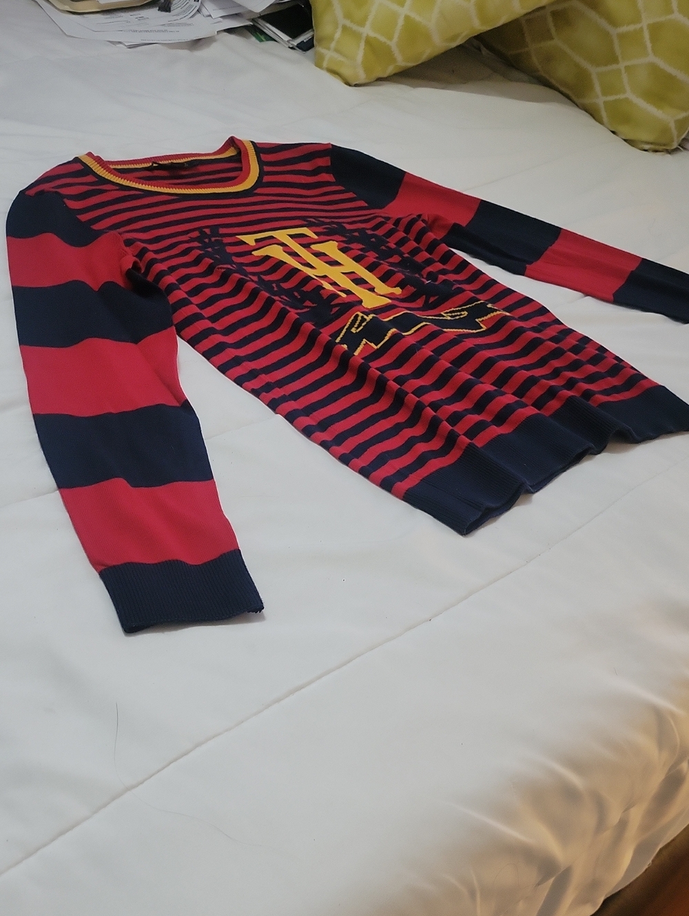 Tommy Hilfiger Red, Navy & Yellow Crest Stripe Sweater Top - Picture 4 of 5